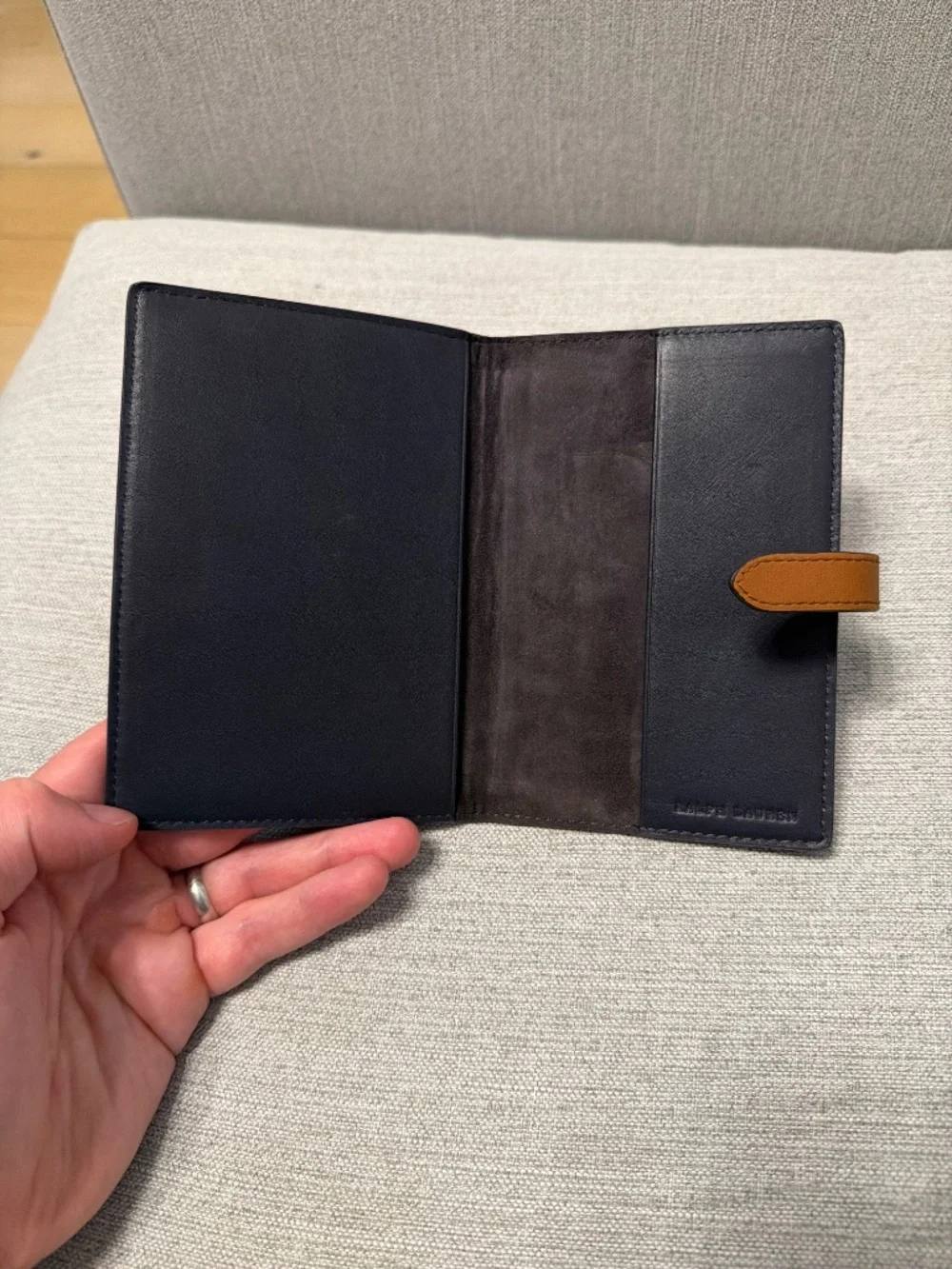 Ralph Lauren Navy Leather Passport Holder Travel Wallet w/ Tan Strap Closure